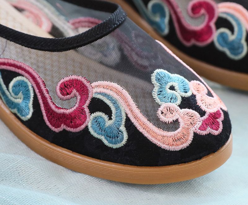 Slippers, Mesh Embroidered Fabric Shoes, Summer Cow Tendon Soles, Casual Women's Outerwear Sandals_voghion.com