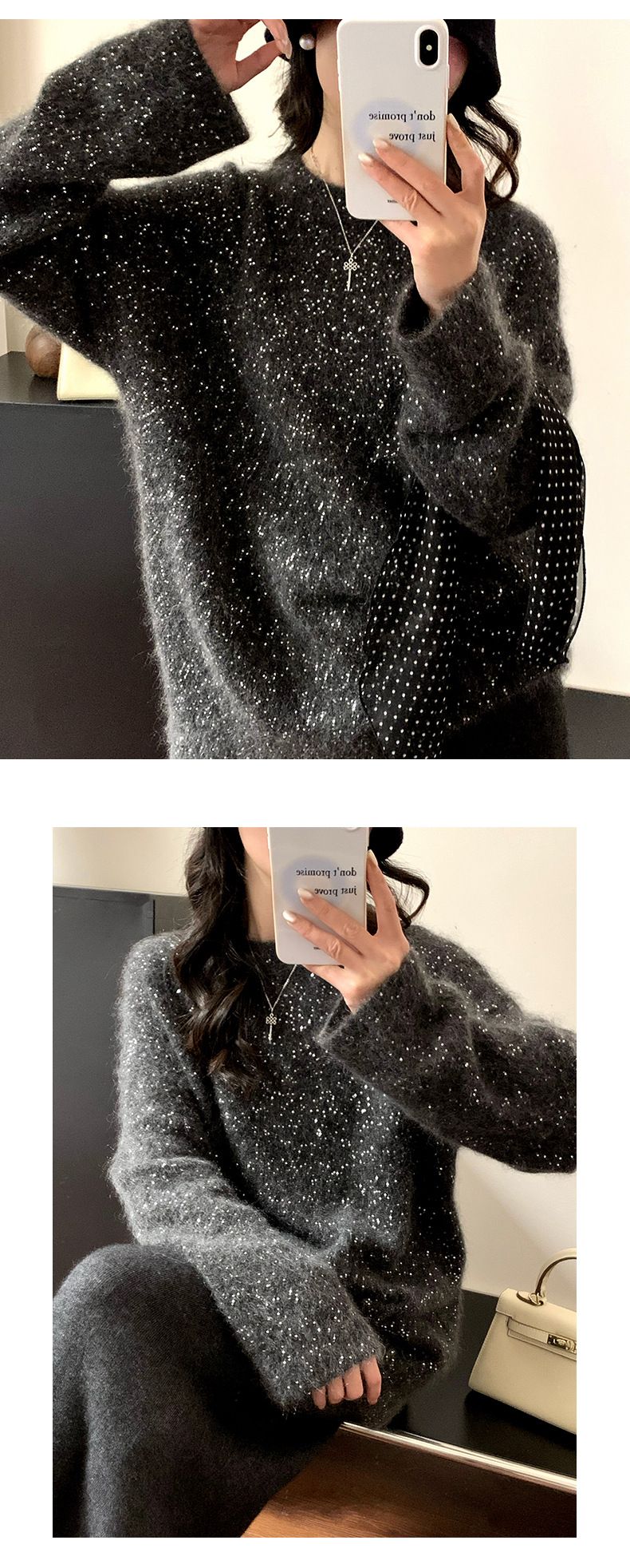 Maglione in mohair con scollo rotondo e paillettes stellate per donna, maglia larga, camicia autunnale da donna_voghion.com