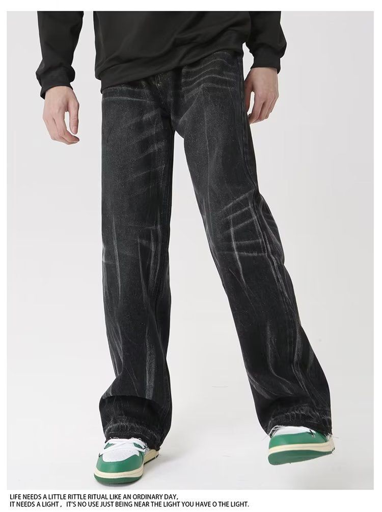 Schwarze verwaschene Distressed-Jeans für Herren, amerikanische gerade, stapelbare Vibe-Freizeithose mit Farbverlauf_voghion.com