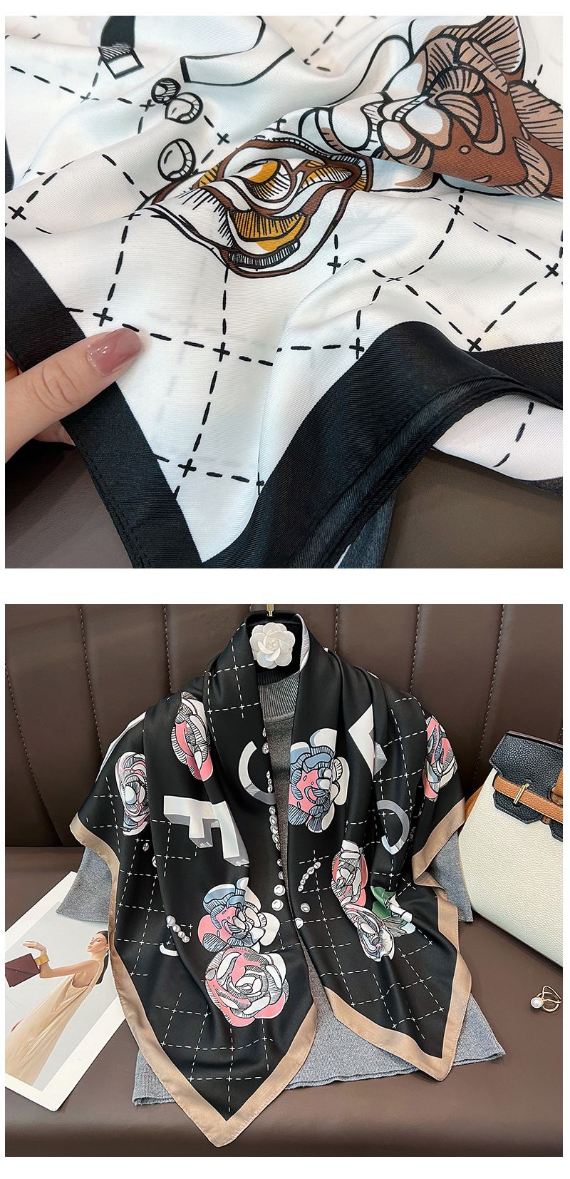 Spring and summer Korean version of versatile camellia rose simulation silk scarf women's travel to the beach towel_voghion.com