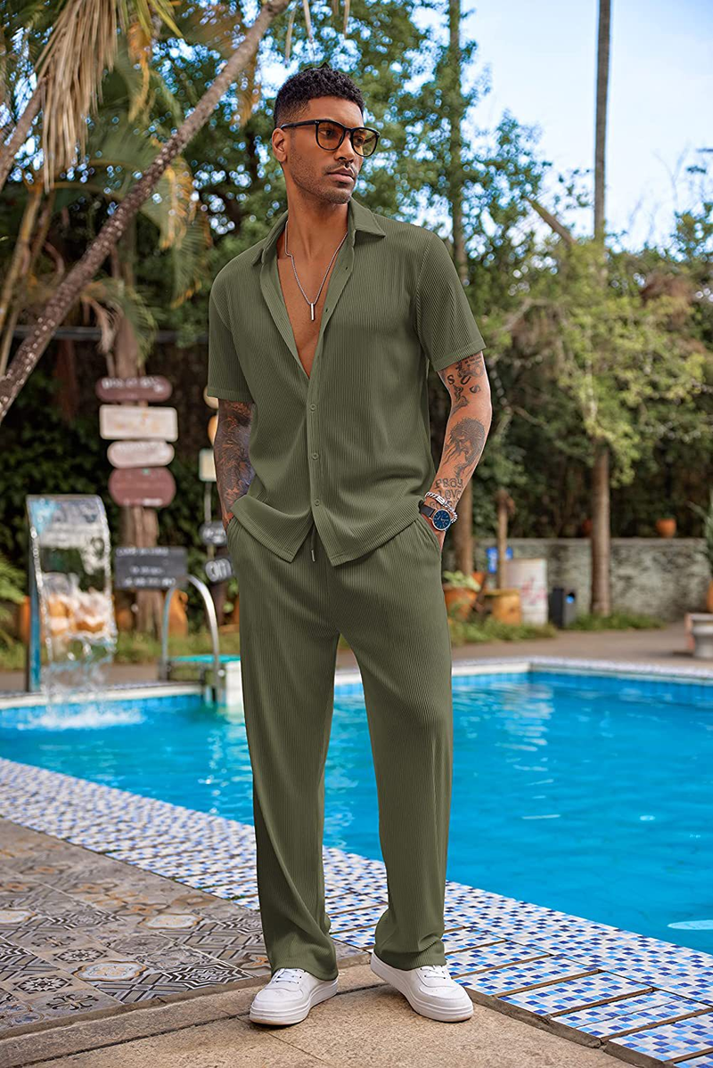 Calças compridas de manga curta de cor sólida masculina nova solta conjunto casual_voghion.com