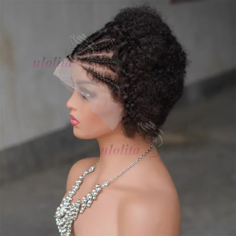 Super Double Drawn 210% Density Highlight 13x4 Lace Front Braided Wig Afro Explosive Head Human Hair Short Curly Wig For Women_voghion.com