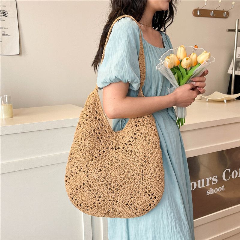 Borsa a tracolla in paglia per donna, grande capacità, stile etnico, borsa tote intrecciata per le vacanze primaverili in spiaggia_voghion.com