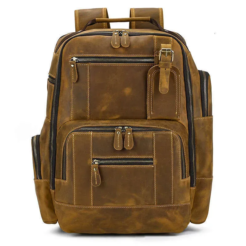 Men's Genuine Crazy Horse Leather Large Capacity Multi-Pocket Travel Backpack Cowhide School Bag_voghion.com