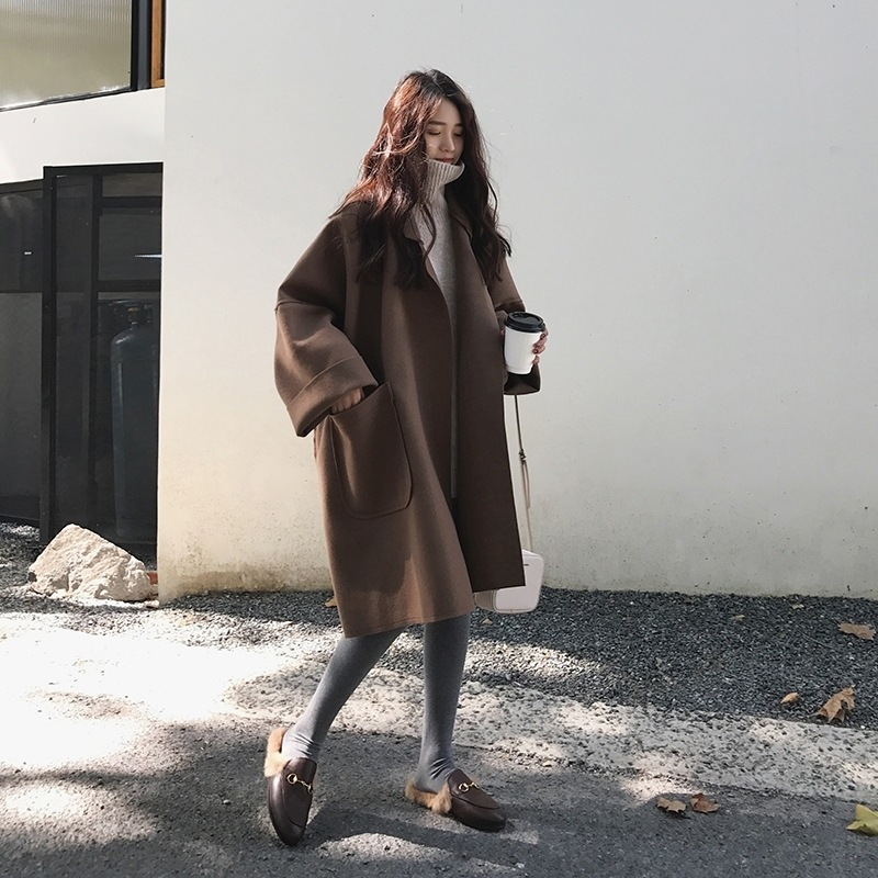 Wollen vrouwen in de herfst/winter, middellange tot lange wollen jas voor vrouwelijke studenten, Koreaanse winterversie, los en trendy,_voghion.com