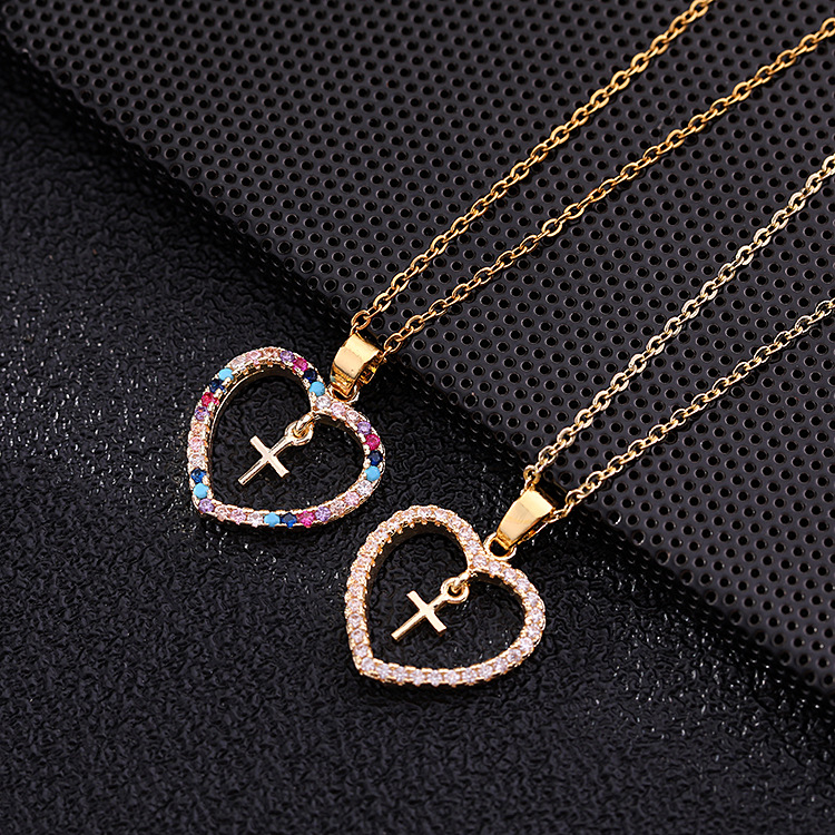 Nieuwe sieraden micro ingelegde kleur zirkoon geometrische kruis hanger hart ketting_voghion.com