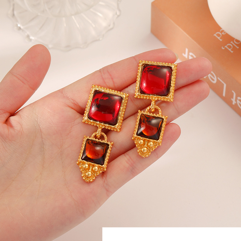 Orecchini geometrici in stile palazzo quadrato rosso medievale, di alta qualità, squisiti, leggeri e lussuosi, orecchini a spillo in argento retrò vintage_voghion.com