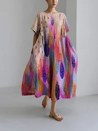 Damenbekleidung Lockeres Rundhals-Mode-High-End-Kurzarm-Printkleid_voghion.com