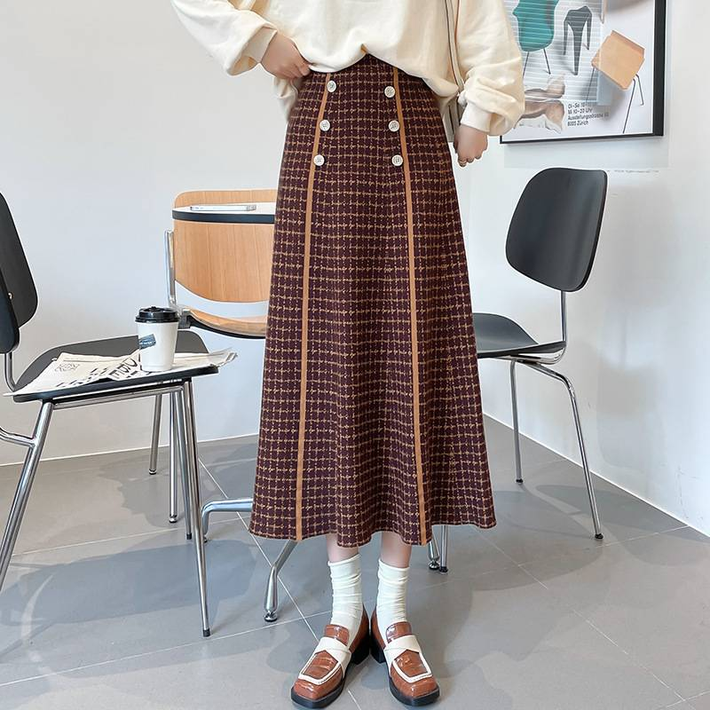 Gonna a doppio petto in maglia da donna, gonna in lana a trapezio, a vita alta e di media lunghezza, stile retrò scozzese_voghion.com