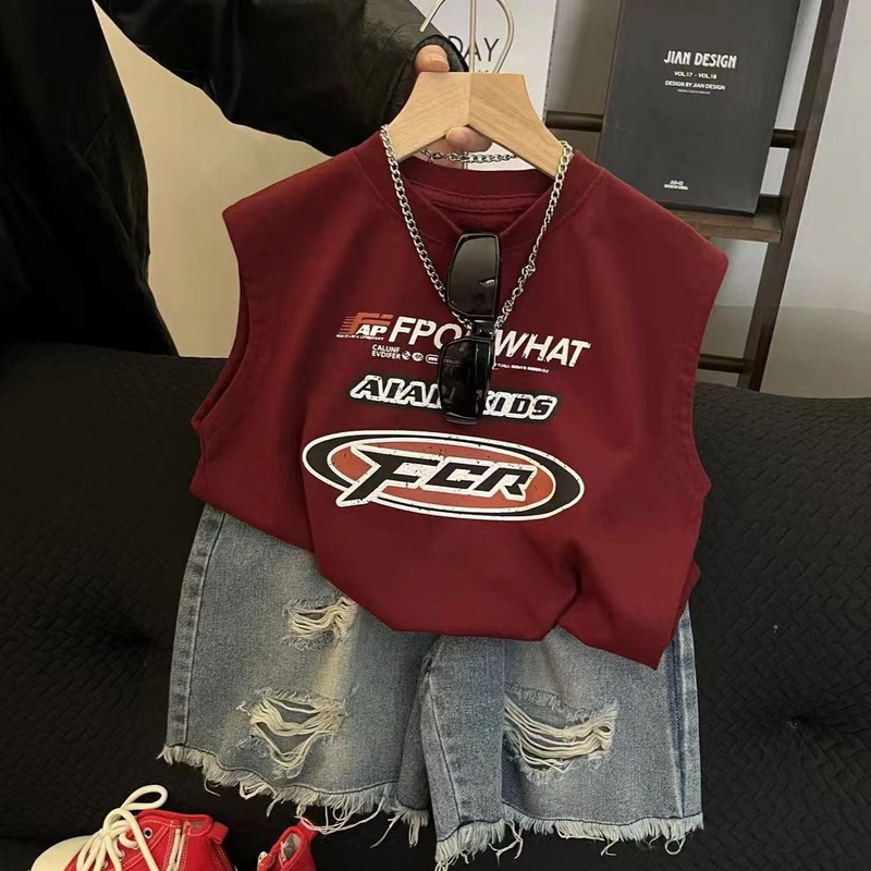 Ropa para niños Verano Nuevo estilo Traje de moda Estampado de letras Top elegante Pantalones cortos de mezclilla rotos Calle_voghion.com