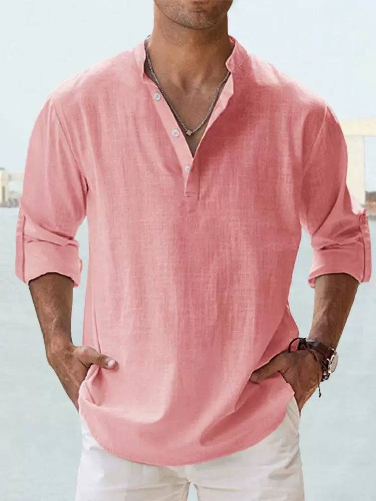 2025 Men's Linen Stand Collar Long-sleeved T-shirt, Loose-fitting Undershirt, Pure Color Long-sleeved Shirt_voghion.com