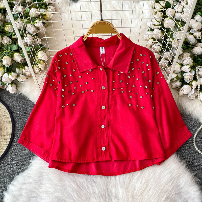 Luxe blouse met versieringen voor dames, statement revers, top met halflange mouwen, 8 levendige kleuren (zwart/groen/rood/meer) voor op kantoor en een avondje uit_voghion.com
