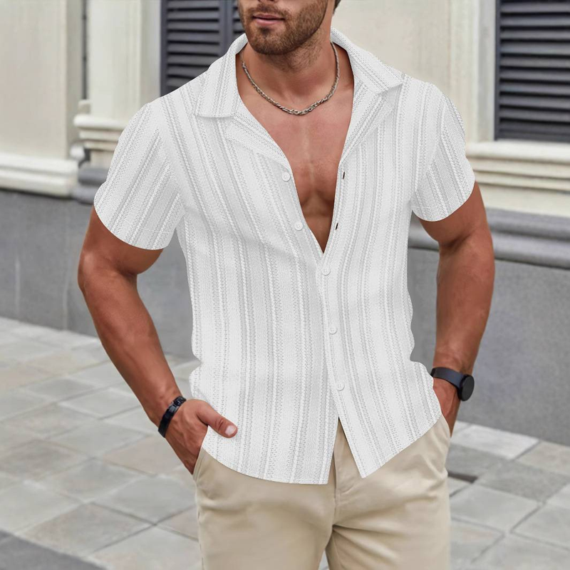 Camicia estiva a maniche corte con risvolto e bottoni, tinta unita, molto venduta, camicia traforata da uomo_voghion.com
