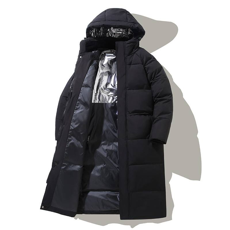 Lange Daunenjacke mit Kapuze für Herren – knielanger Wintermantel mit mehreren Taschen, 550 FP Entendaunen, winddicht und ultrawarm, Slim Fit Streetwear_voghion.com