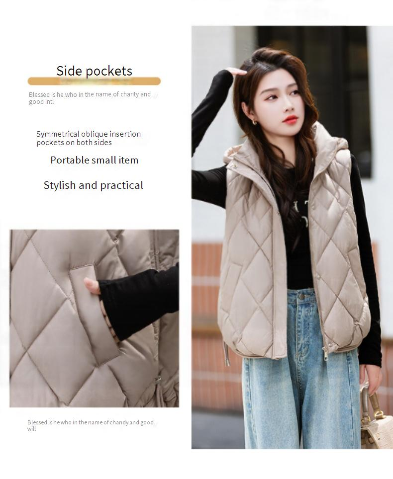 Gilet matelassé à capuche pour femme - Gilet court et léger pour l'hiver, vêtement d'extérieur chic et décontracté, couleurs unies (blanc, noir, kaki, café)_voghion.com