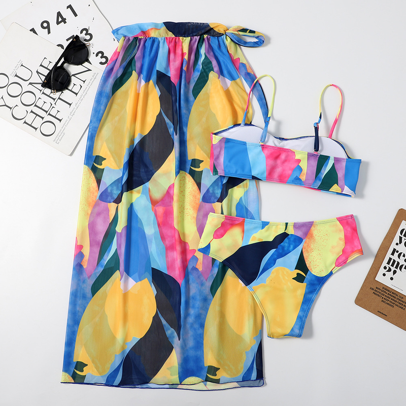 Traje de baño para mujer Top up, malla, conjunto de bikini triangular de tres piezas para mujer, nuevo traje de baño dividido sexy estampado_voghion.com