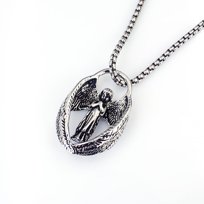 New Hip Hop Street Punk Personality Hot Sale Faith Muse Prayer Prayer Stainless Steel Pendant Angel Wings Necklace Men's Necklace_voghion.com
