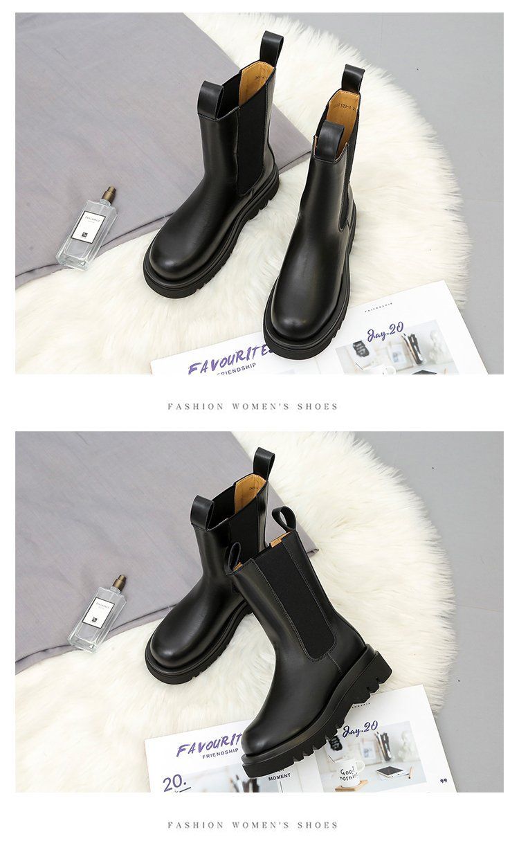 Stivali da donna in pelle con testa tonda e suola spessa stivali a metà gamba scarpe da donna alla moda_voghion.com