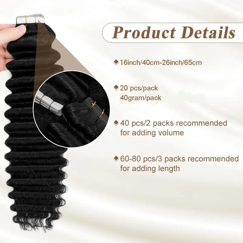 Extensiones de cabello humano Remy con cinta adhesiva de ondas profundas_voghion.com