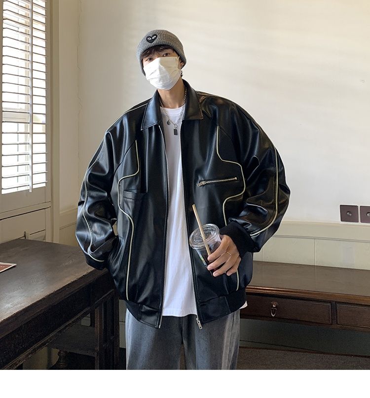 Veste en cuir noir rétro américaine Hue pour homme, collection printemps-automne, idéale pour la moto._voghion.com