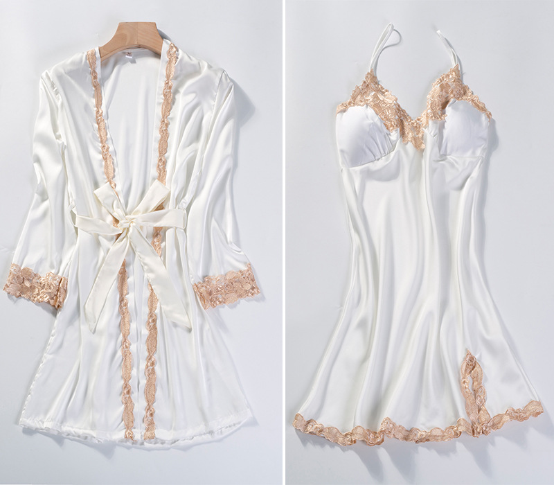 pigiama sexy da donna in seta di ghiaccio set da cinque pezzi con bretelle camicia da notte a maniche lunghe in seta sottile da casa con imbottitura sul petto_voghion.com
