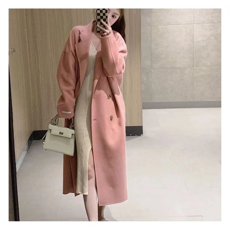 Damen Grobstrick Zweireihiger Wollmantel Winter Oversize Trenchcoat Mit Pelzkragen_voghion.com