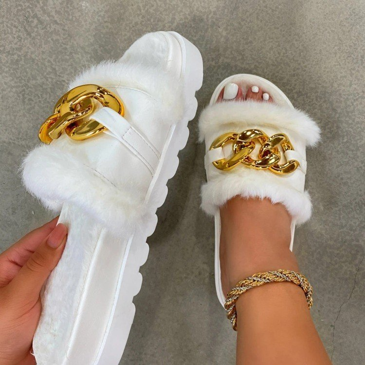 2023 Cross-border Trade European And American New Round Toe Thick Bottom one-line fleece slippers women's large size metal chain cotton slippers_voghion.com