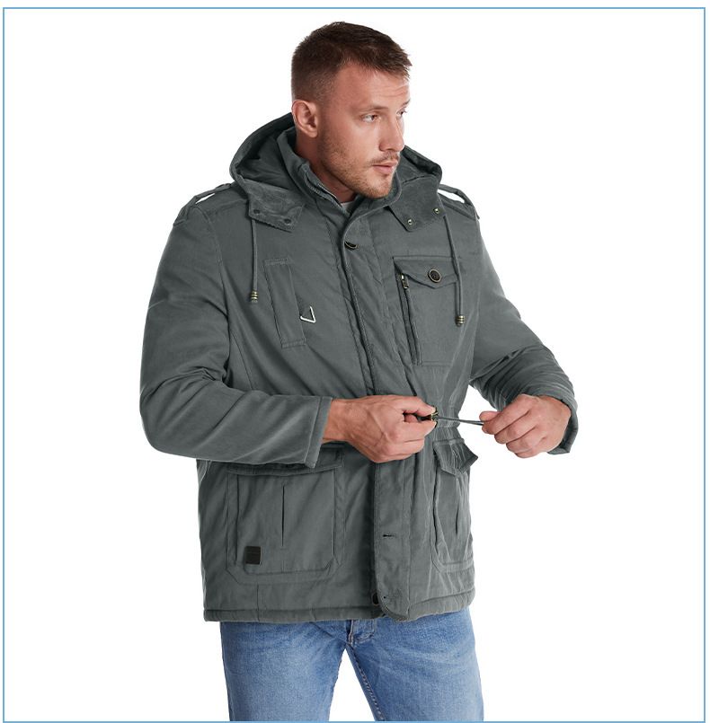 Men's Plus Size Shearling Hooded Cotton Jacket Thickened Multi-Pocket Cotton Top Casual Mid-Length Coat_voghion.com
