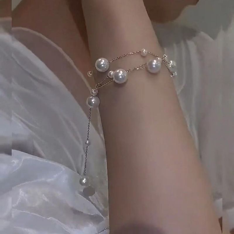 Collana da donna in acciaio al titanio regolabile con catena di perle e piccola catena per clavicola in acciaio inossidabile_voghion.com