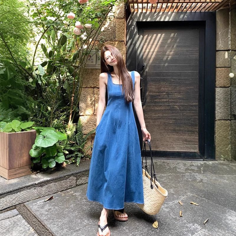Blue Sleeveless Denim Camisole Dress For Women's Spring And Summer New Square Collar Waist Slimming French Style Long_voghion.com