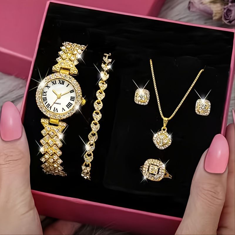 Set di orologi da polso di lusso con diamanti incastonati per donna - Elegante collezione di 5 orologi da polso al quarzo con funzione calendario_voghion.com
