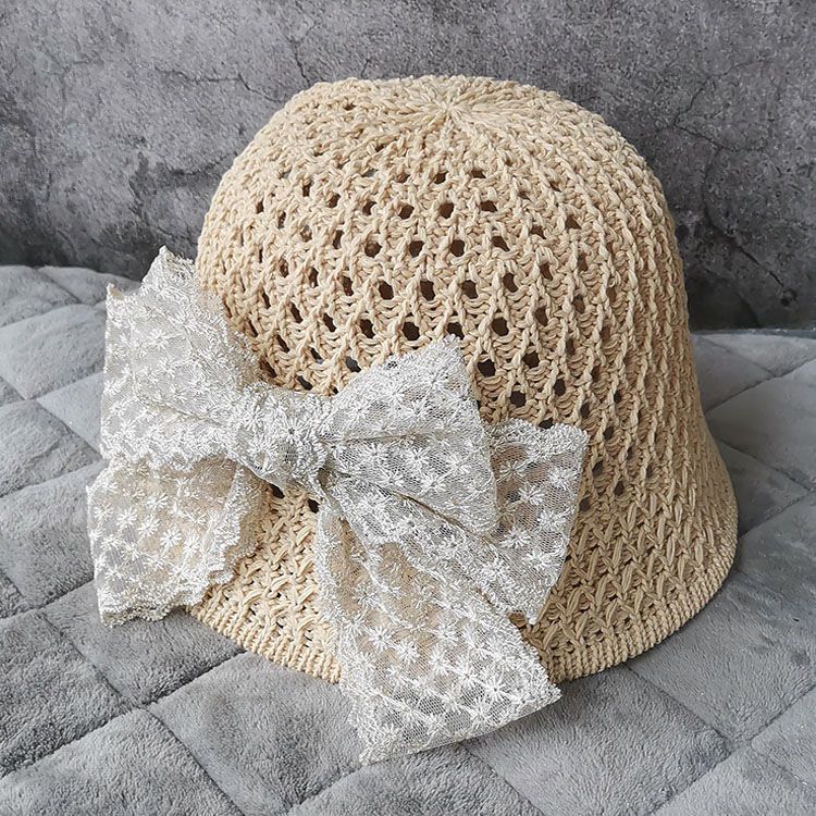 Cappello da pescatore in paglia con fiocco in pizzo estivo, cappello da sole per bambini_voghion.com