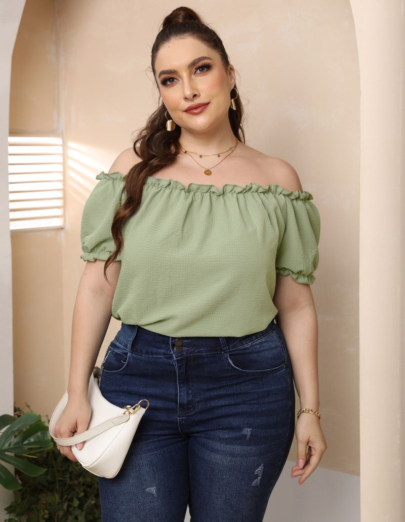 Plus Size Women's Wood Ear Hem One-line Collar Sexy Off-shoulder Casual Sweet Short Sleeve T-shirt_voghion.com