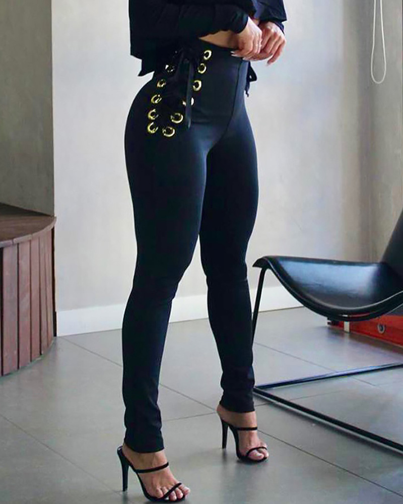 Women's stylish waist corns lace-up leggings_voghion.com