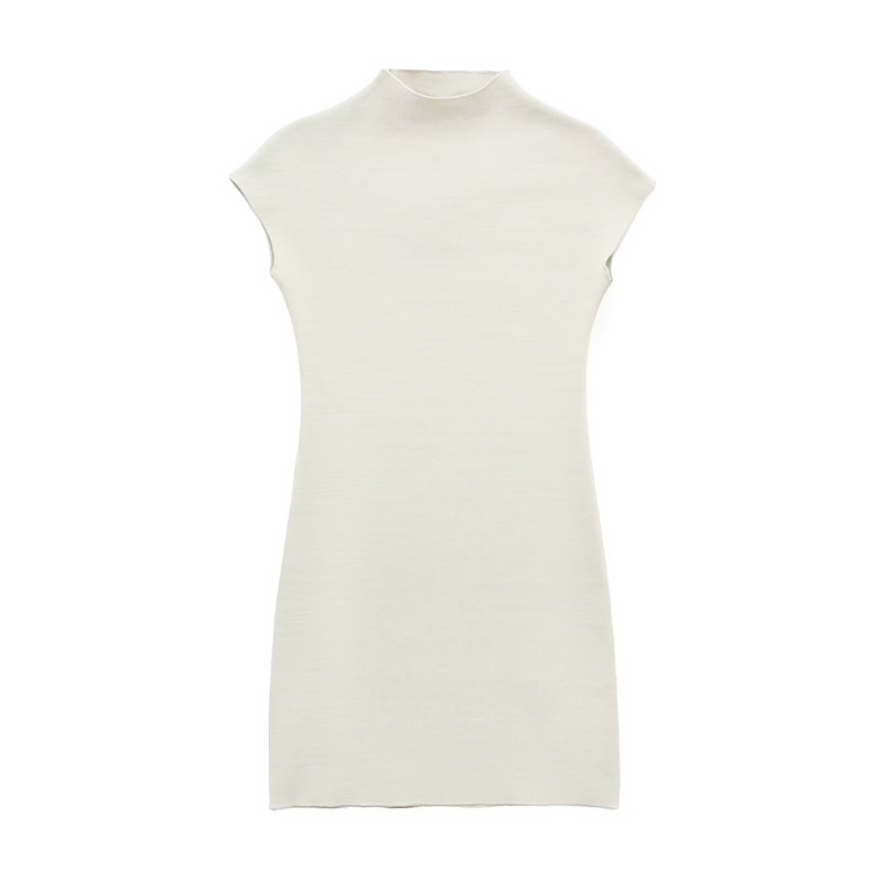 Abito corto in maglia con maniche elasticizzate, colletto rialzato, temperamento elegante da donna_voghion.com
