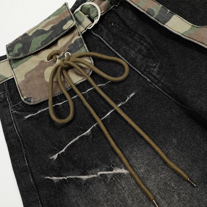 Color Block Patchwork Distressed Denim Scimitar Pants Men's High Street Trendy Vibe With Belt Loose Wide-Leg Trousers_voghion.com