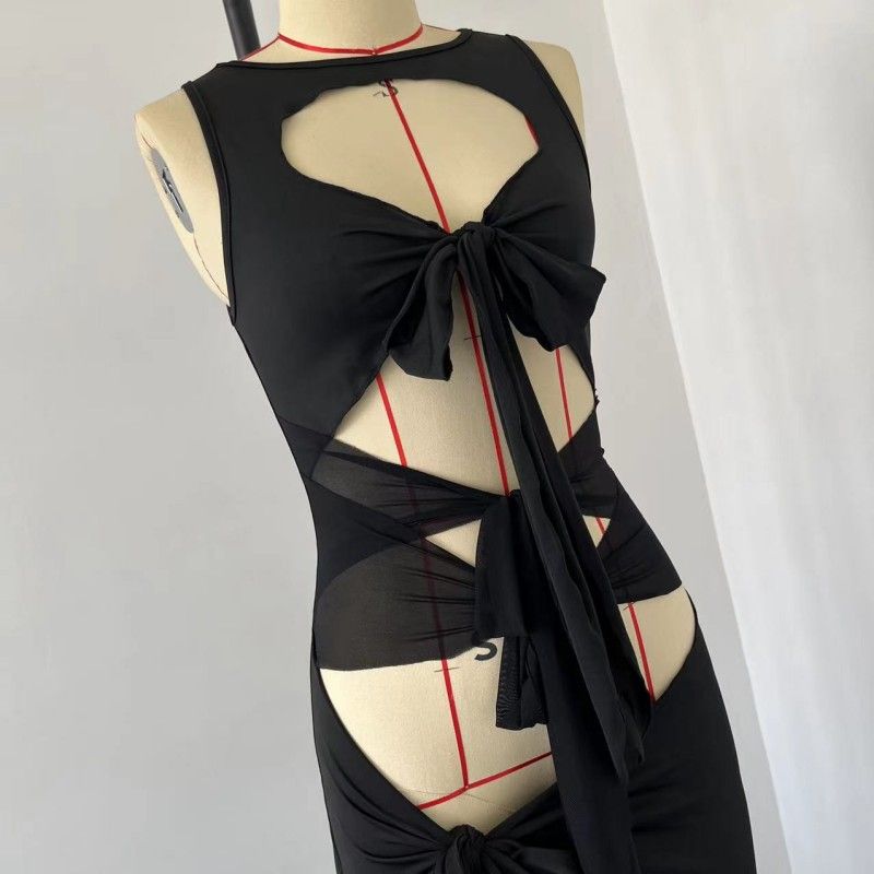 Moda femminile Pannelli in rete trasparente Ritagli Fessure per cravatte Abiti senza maniche irregolari_voghion.com