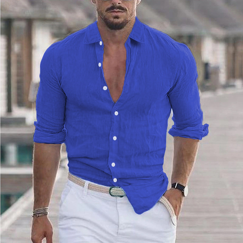 Camicia casual da uomo in cotone e lino 2023 collo a lupetto tinta unita manica lunga ampia camicia alla moda primaverile e autunnale_voghion.com