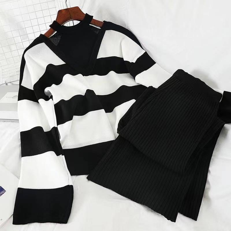 Women's Halter Neck Knit Top & High Waisted Wide Leg Pants Set – Elegant Two Piece Outfit For Spring Autumn (Black/Khaki, One Size)_voghion.com