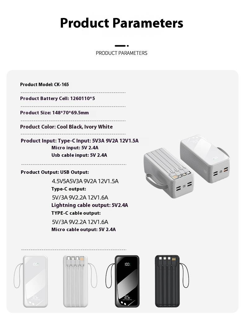 50000mAh Portable Power Bank With 22.5W Super Fast Charging, Built-in 4 Cables, High Capacity For Outdoor Travel And Daily Use_voghion.com