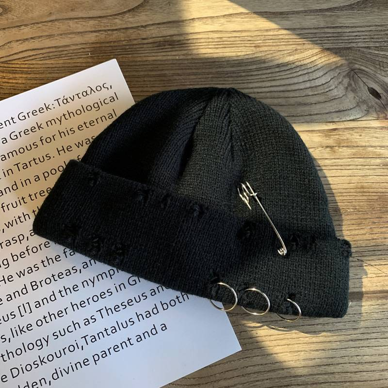 Women's Hats Ring Pin Hip Hop Wool Hat Autumn And Winter Couple Net Celebrity Fashionable Hole Hat Men And Women Knitted Hat_voghion.com