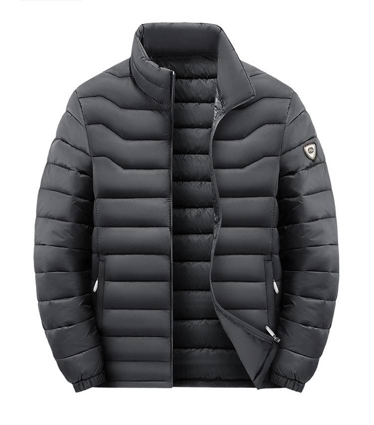Pufferjacke mit Kapuze für den Winter für Herren – warmer Mantel mit Polyesterfüllung und Fleecefutter, lockere Passform, Reißverschluss, Streetwear-Stil (Schwarz/Grau/Blau)_voghion.com