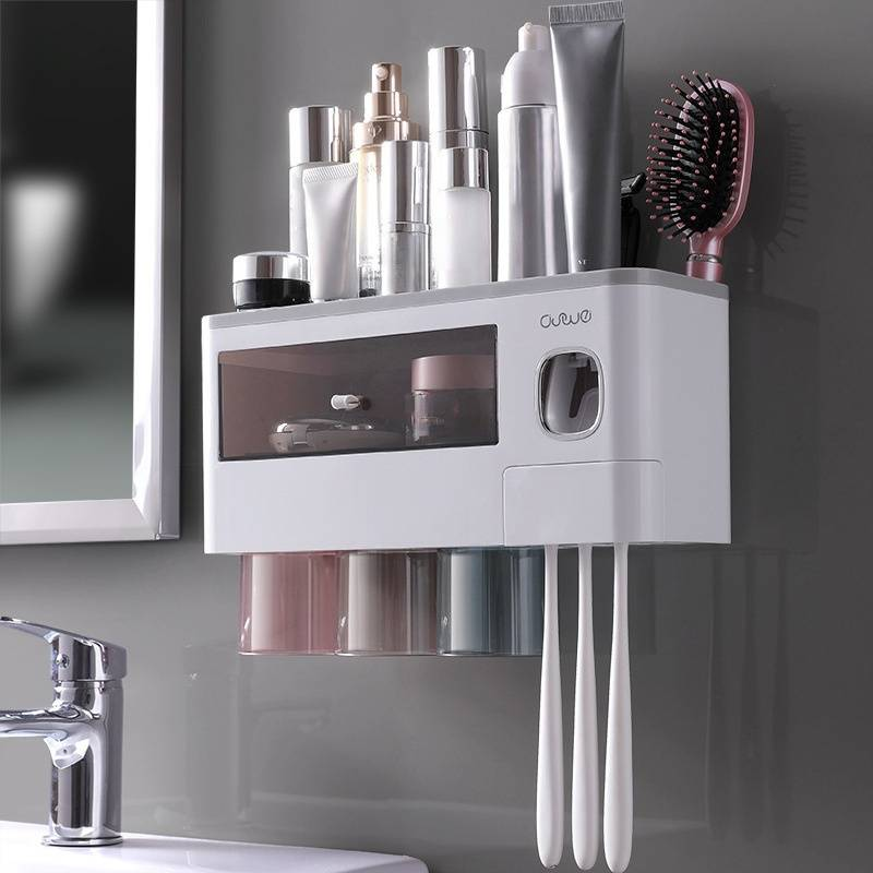 Wall Mount Toothbrush Holder With Auto Toothpaste Dispenser & Storage Drawer - Space Saving Bathroom Organizer For Toothbrush, Cup & Essentials_voghion.com