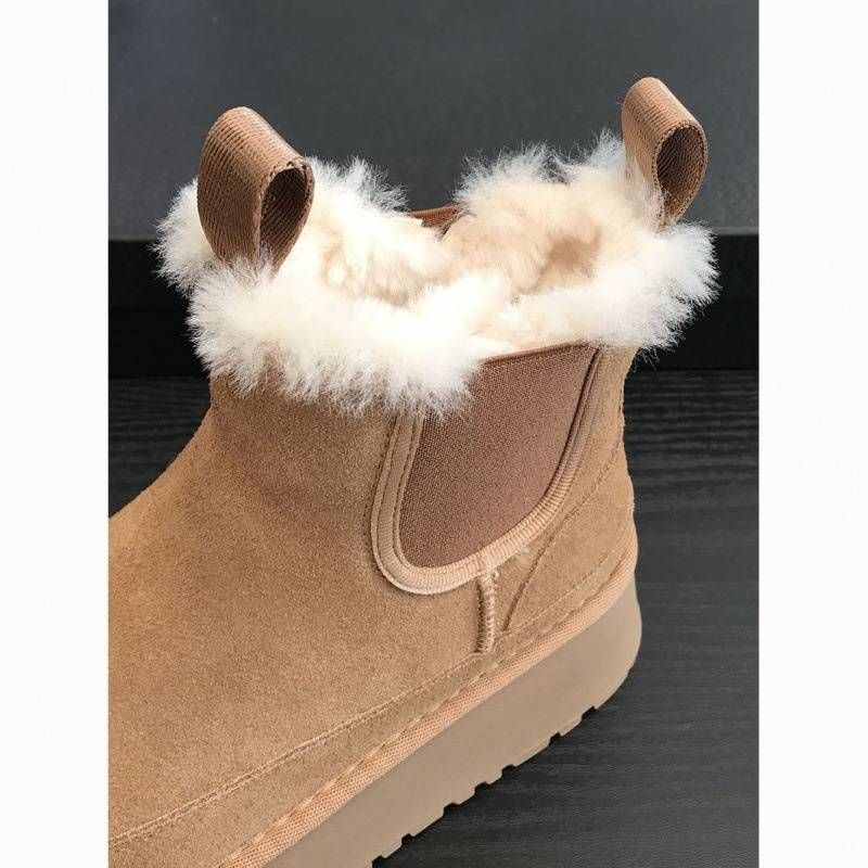 Women's Winter Snow Boots Chunky Chelsea Boots With Fleece Lined, 5cm Platform, Slip-On Warm Casual Booties In Khaki & Fawn Brown_voghion.com