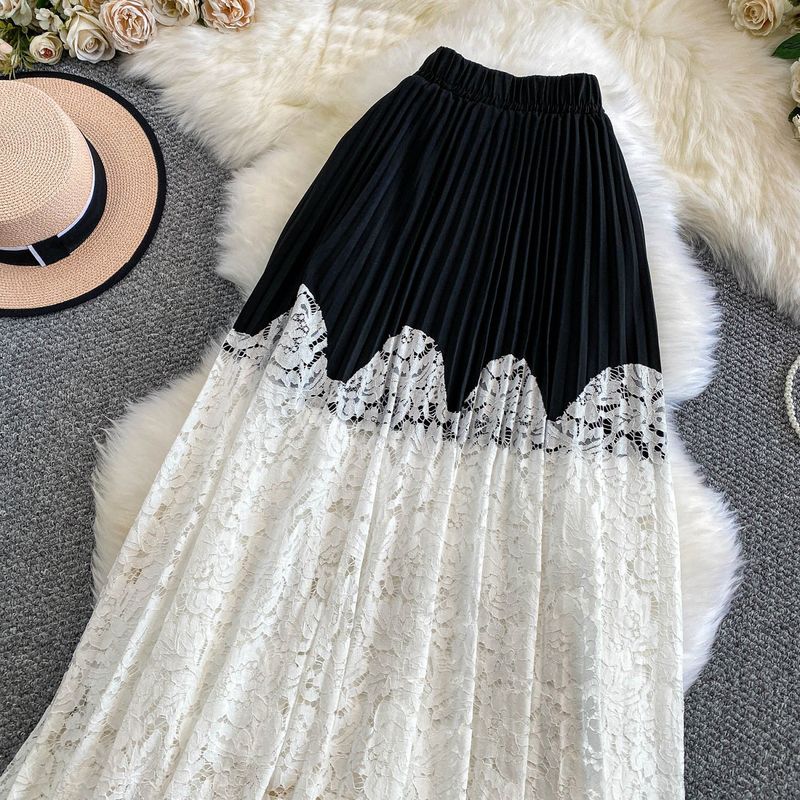 Damenbekleidung Eleganter Midirock mit Spitzenbesatz für Damen, hoch taillierter, ausgestellter Prinzessinnenrock mit plissiertem Saum, atmungsaktive Polyestermischung_voghion.com