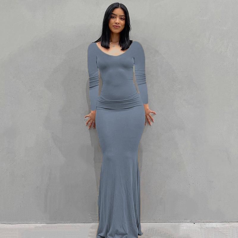 Damenbekleidung Langes Kleid Lässiges, schmales, langärmliges Heimkleid_voghion.com