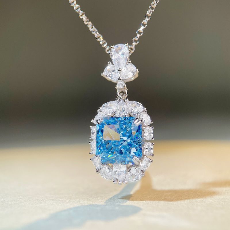 S Pure Silver Blue Treasure Pendant Women's Full Luxury Set with High Carbon Diamond Necklace and Collar Chain_voghion.com