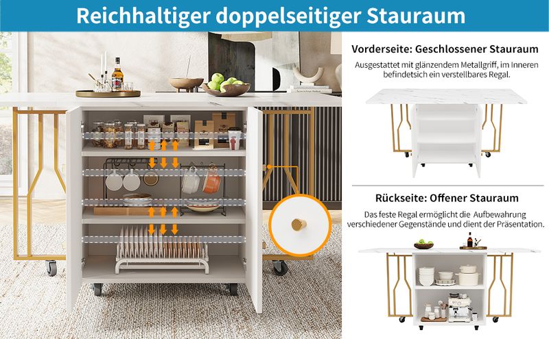 Tragbarer Esstisch Mit Klappbarer Marmorplatte, 6 Rollen, Goldene Beine_voghion.com