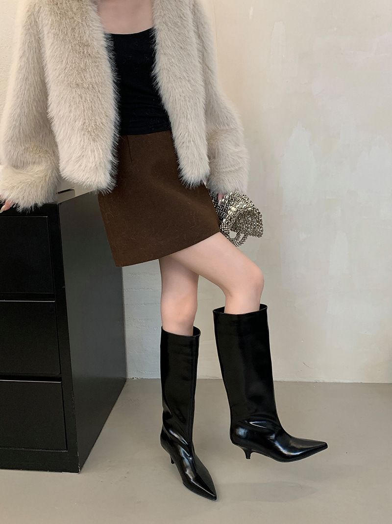 Damenschuhe Keilabsatz Wide Barrel Knight Boots Herbst und Winter Einfaches Temperament Plus Samt Hohe Stiefel Lange Stiefel Nicht Overknee-Stiefel_voghion.com