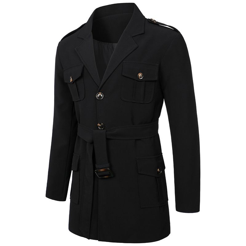 Heren Utility Trenchcoat - Geïnspireerd werkjack met afneembare riem (katoen-polyestermix, middellange lengte, kreukvrij, zwart, slim fit)_voghion.com